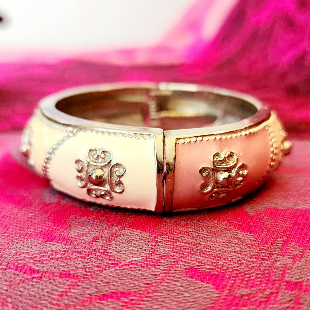 Vintage Pink & Ivory Enamel Hinged Clamper Bracelet Silver Tone Scrollwork.